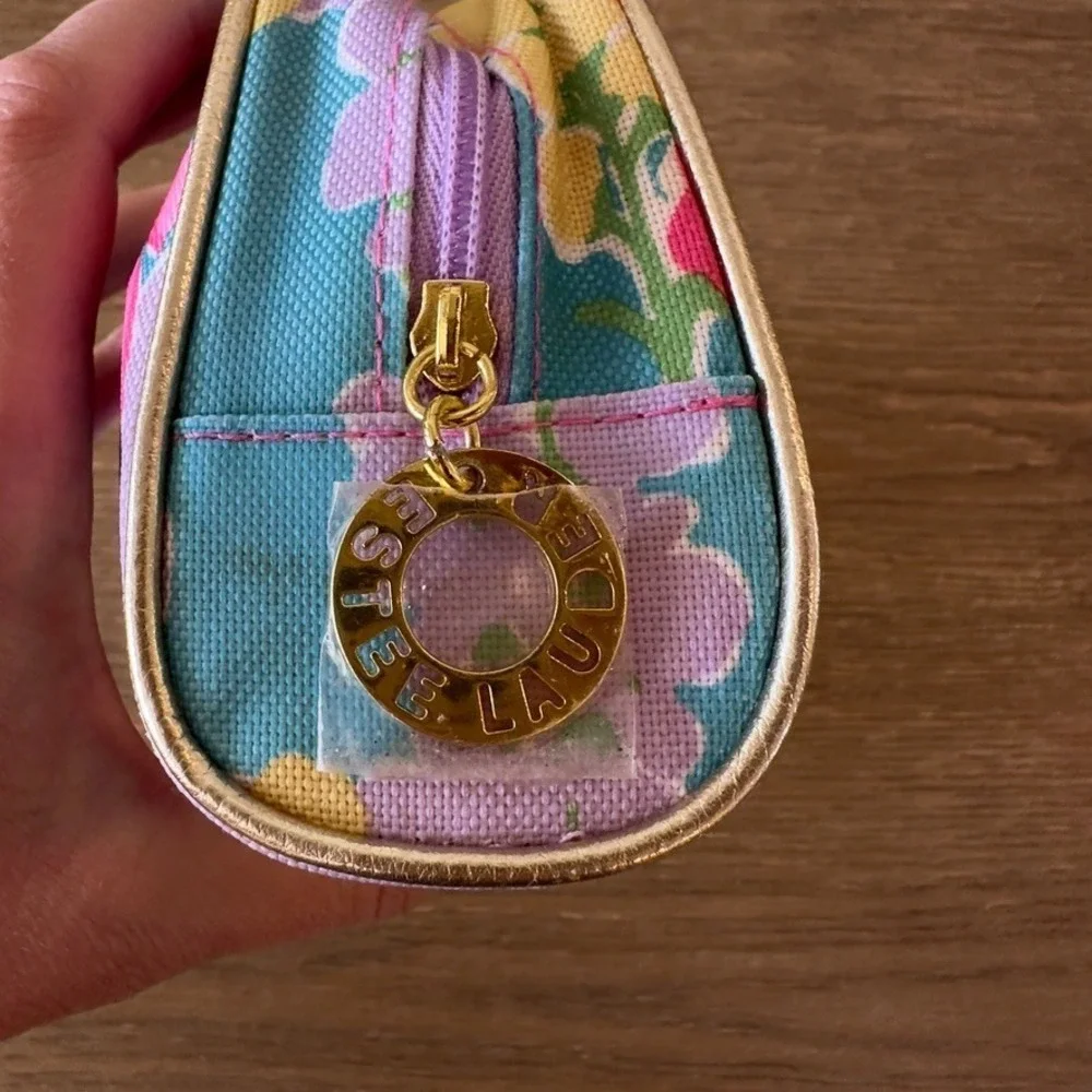 NEW Lilly Pulitzer for Estée Lauder Cosmetic Make-up Bag-Floral-Gold Trim-Sz Sml